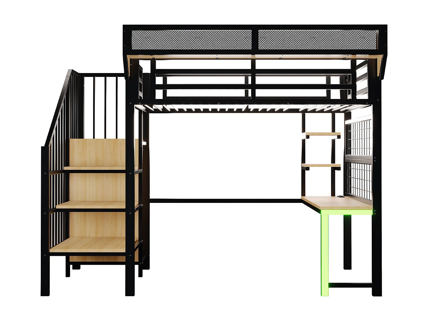 Lit mezzanine en métal - 90 x 200 cm - avec bureau + étagère et filet de rangement + échelle de rangement + Leds + prise - noir