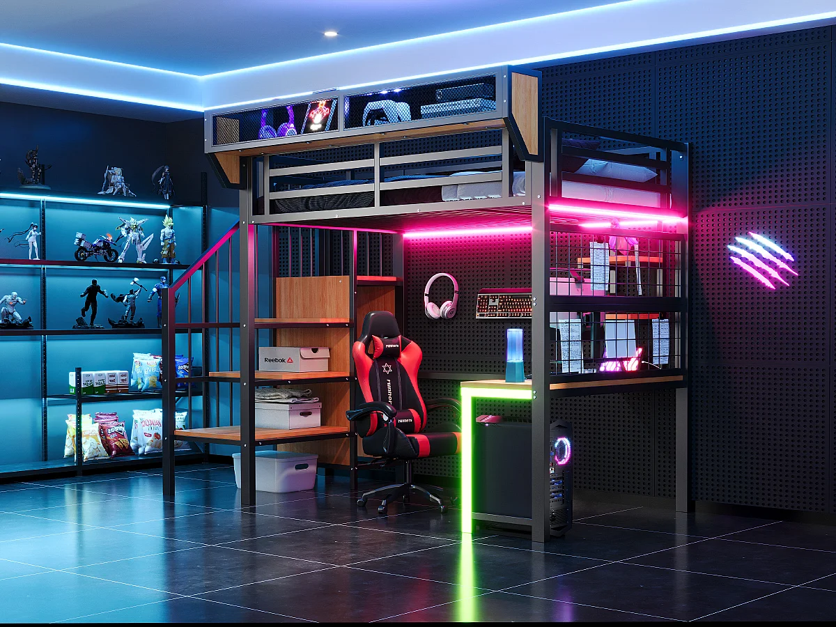 Lit mezzanine en métal - 90 x 200 cm - avec bureau + étagère et filet de rangement + échelle de rangement + Leds + prise - noir