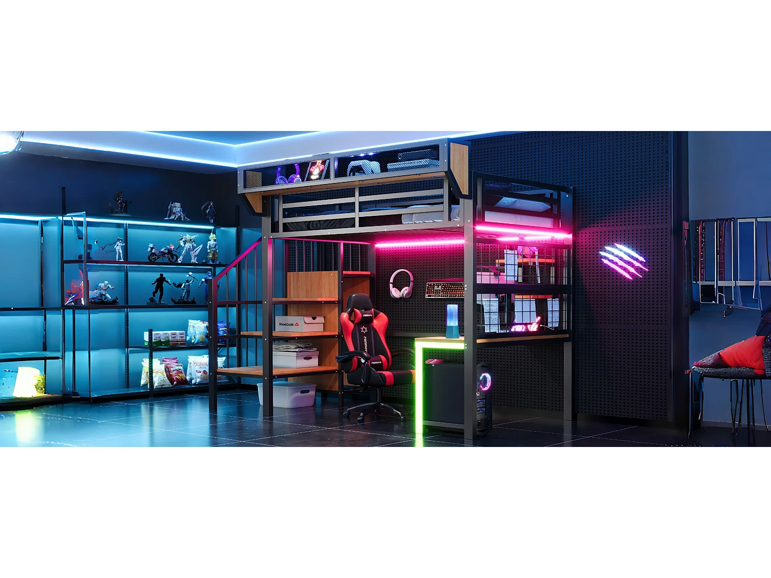 Lit mezzanine en métal - 90 x 200 cm - avec bureau + étagère et filet de rangement + échelle de rangement + Leds + prise - noir