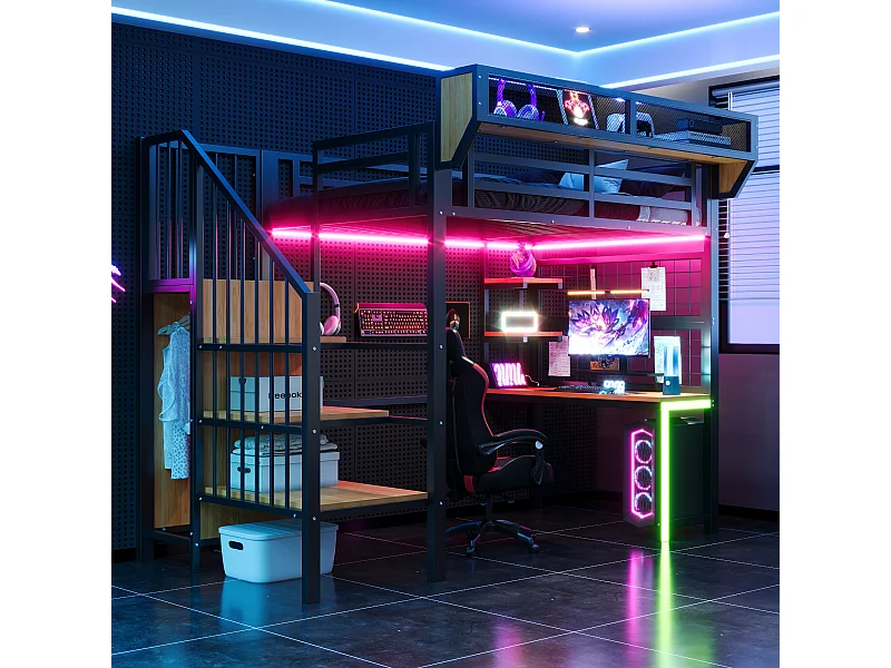 Lit mezzanine en métal - 90 x 200 cm - avec bureau + étagère et filet de rangement + échelle de rangement + Leds + prise - noir