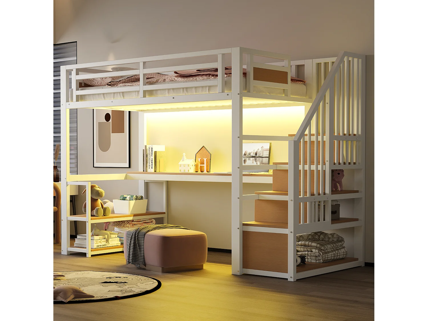 Lit mezzanine en métal pour enfant - 90 x 200 cm - avec Leds + prise + échelle de rangement + étagères + table - blanc