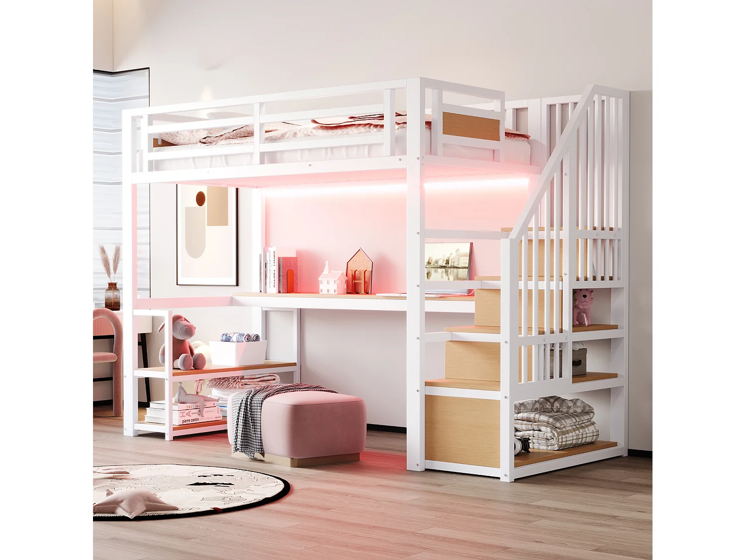 Lit mezzanine en métal pour enfant - 90 x 200 cm - avec Leds + prise + échelle de rangement + étagères + table - blanc