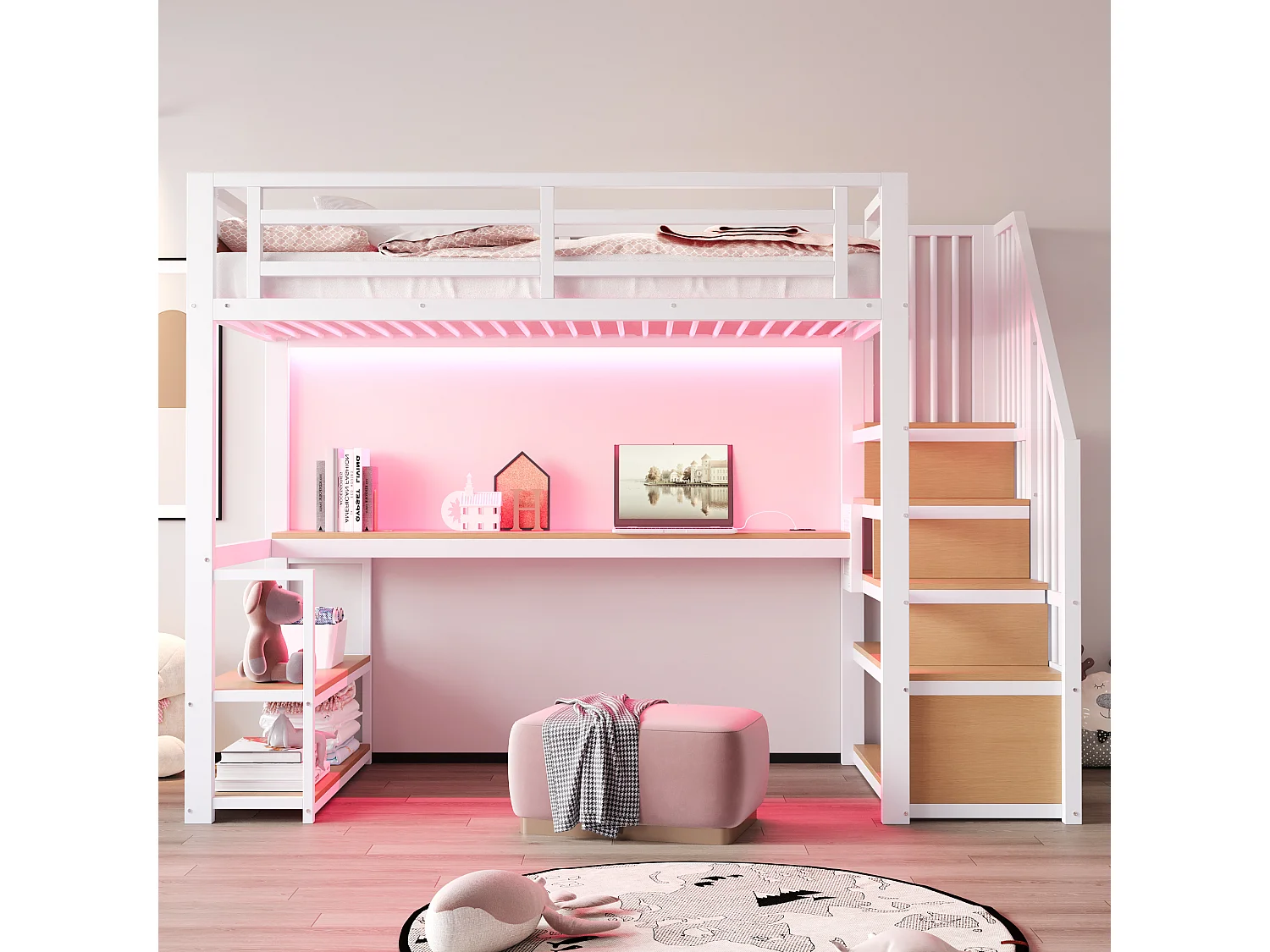 Lit mezzanine en métal pour enfant - 90 x 200 cm - avec Leds + prise + échelle de rangement + étagères + table - blanc