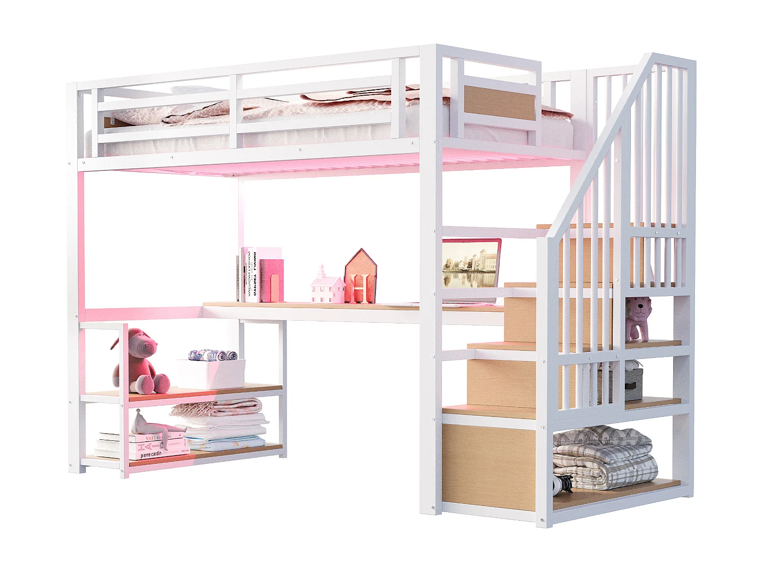 Lit mezzanine en métal pour enfant - 90 x 200 cm - avec Leds + prise + échelle de rangement + étagères + table - blanc