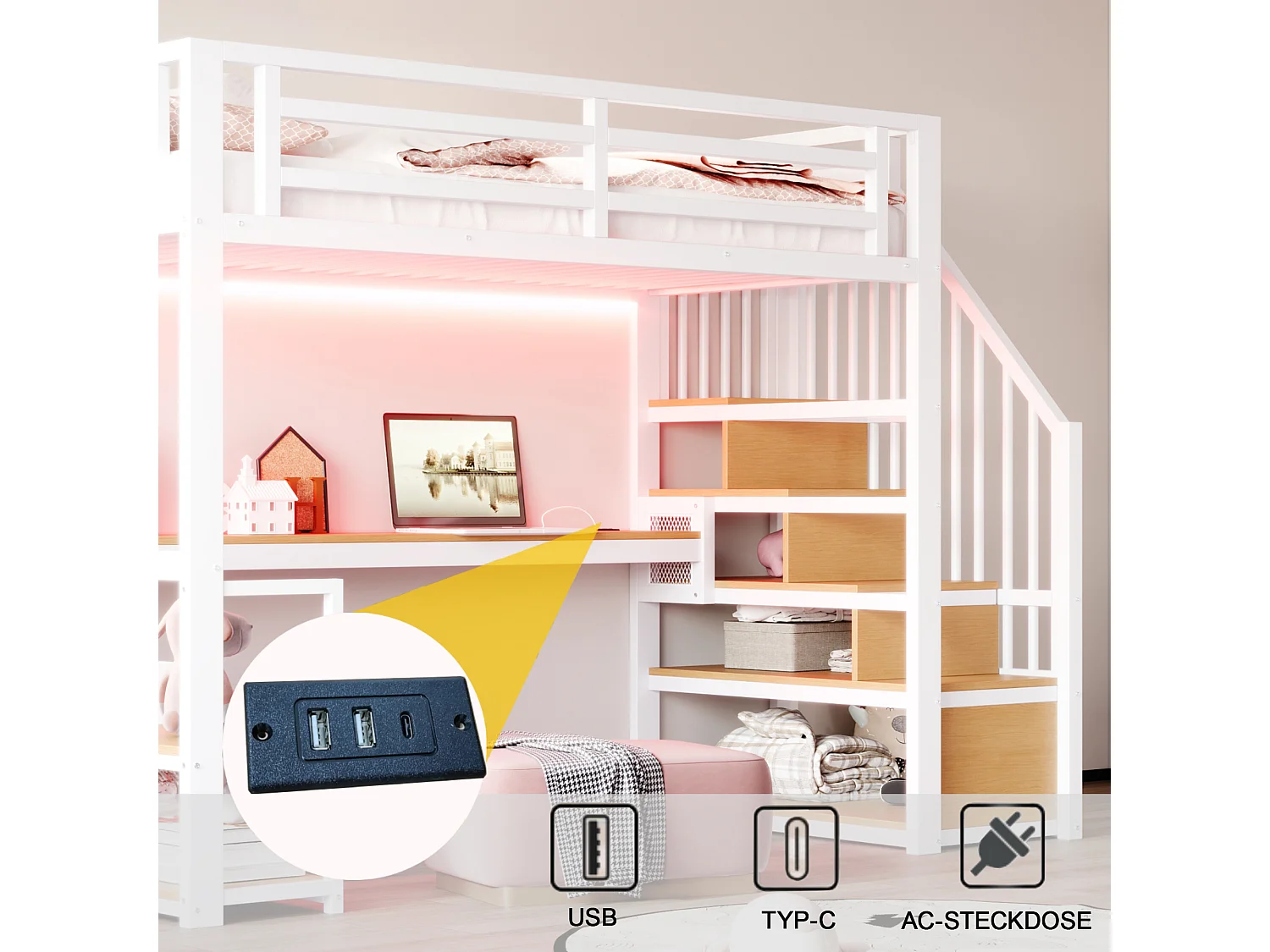 Lit mezzanine en métal pour enfant - 90 x 200 cm - avec Leds + prise + échelle de rangement + étagères + table - blanc