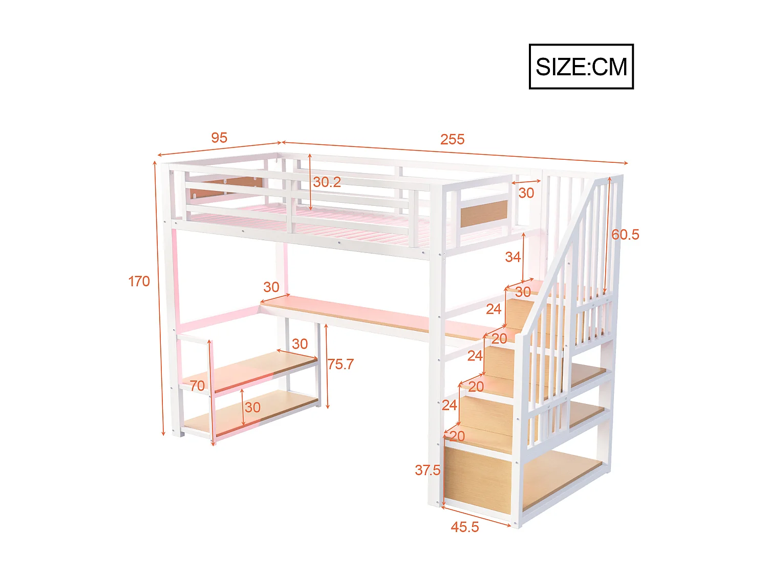 Lit mezzanine en métal pour enfant - 90 x 200 cm - avec Leds + prise + échelle de rangement + étagères + table - blanc