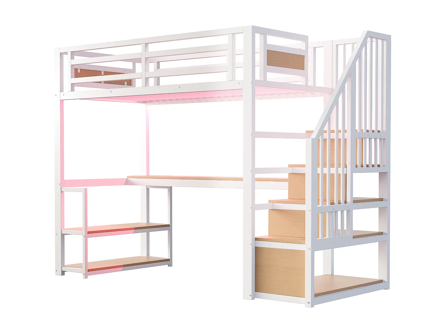 Lit mezzanine en métal pour enfant - 90 x 200 cm - avec Leds + prise + échelle de rangement + étagères + table - blanc