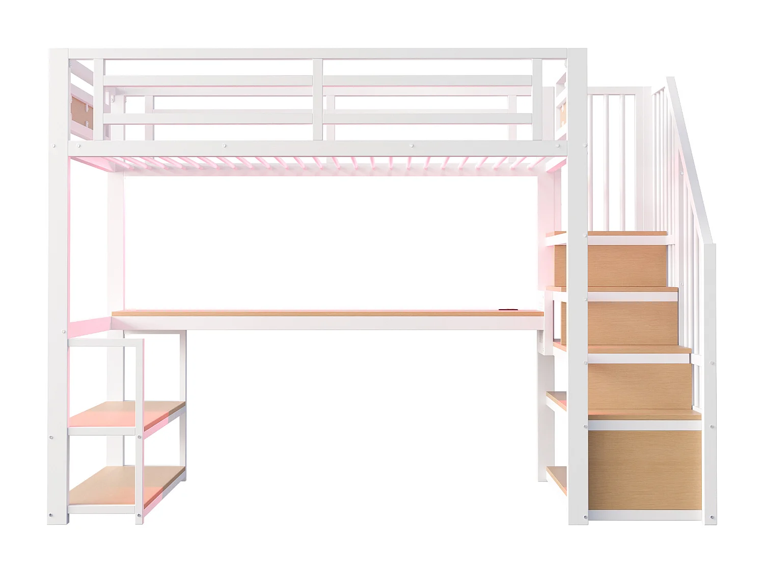 Lit mezzanine en métal pour enfant - 90 x 200 cm - avec Leds + prise + échelle de rangement + étagères + table - blanc