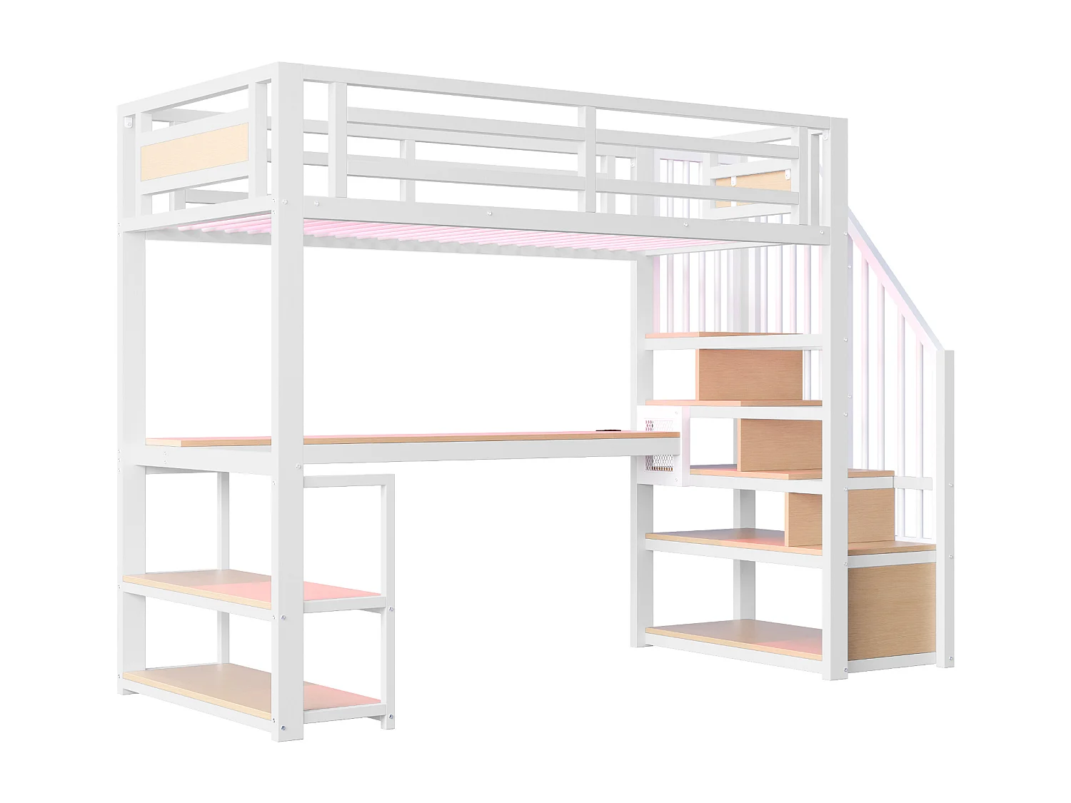 Lit mezzanine en métal pour enfant - 90 x 200 cm - avec Leds + prise + échelle de rangement + étagères + table - blanc