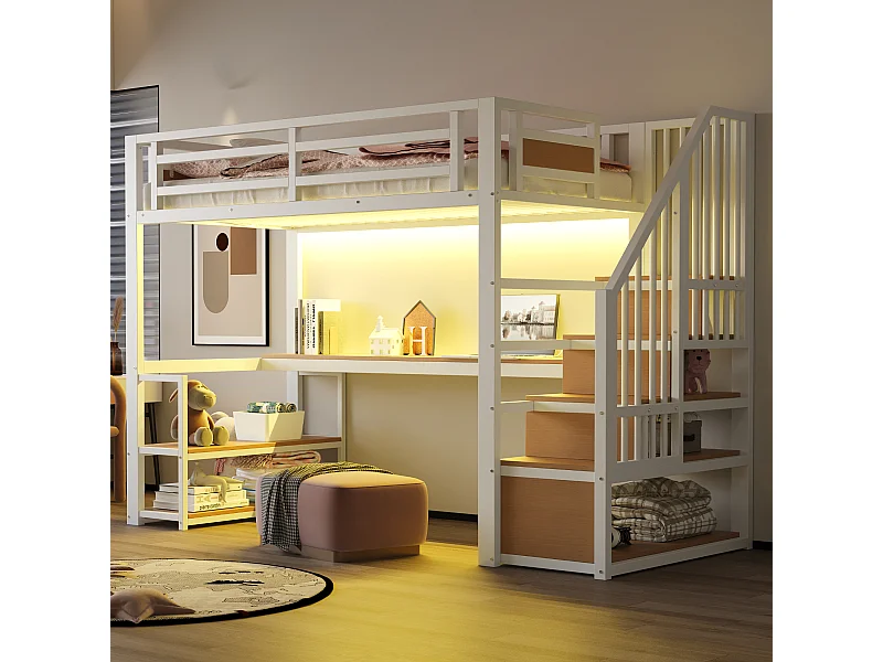 Lit mezzanine en métal pour enfant - 90 x 200 cm - avec Leds + prise + échelle de rangement + étagères + table - blanc