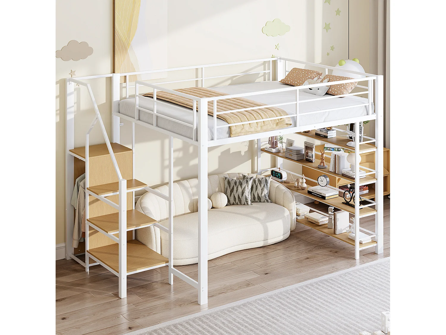 Lit mezzanine - 140 x 200 cm - avec étagères de rangement + escalier de rangement + penderie - blanc