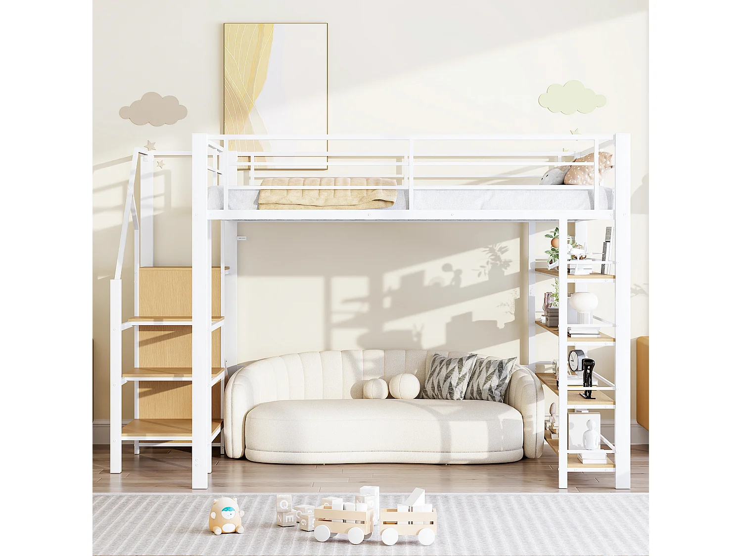 Lit mezzanine - 140 x 200 cm - avec étagères de rangement + escalier de rangement + penderie - blanc