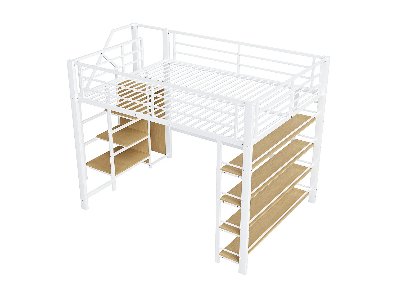 Lit mezzanine - 140 x 200 cm - avec étagères de rangement + escalier de rangement + penderie - blanc