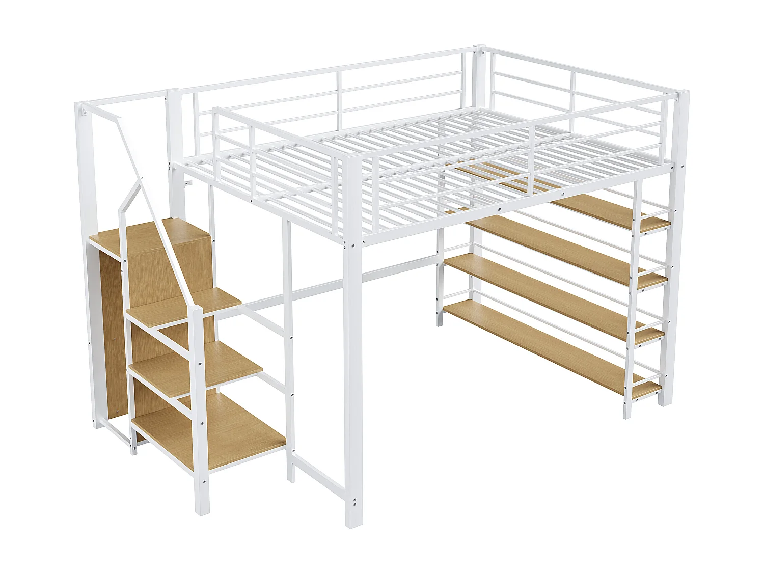 Lit mezzanine - 140 x 200 cm - avec étagères de rangement + escalier de rangement + penderie - blanc