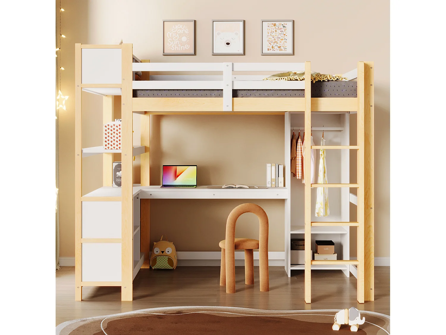 Lit mezzanine enfant - 140 x 200 cm - avec étagères de rangement + bureau + penderie - bois - naturel