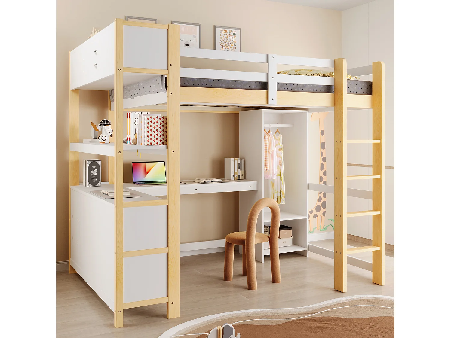 Lit mezzanine enfant - 140 x 200 cm - avec étagères de rangement + bureau + penderie - bois - naturel