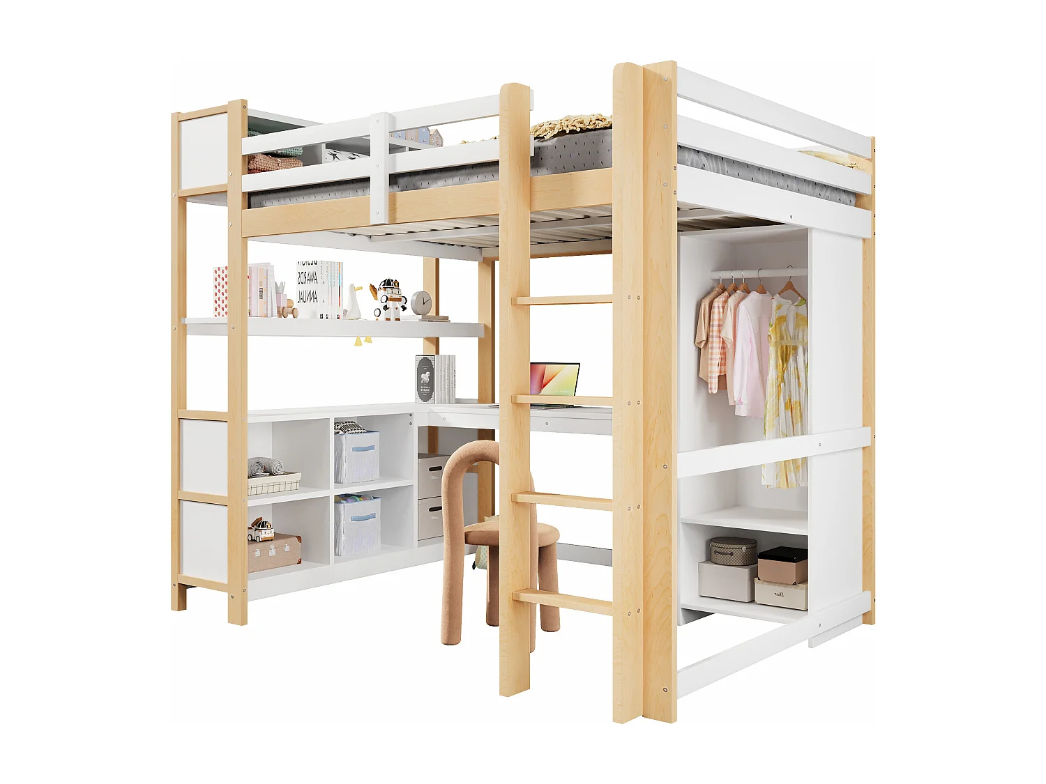 Lit mezzanine enfant - 140 x 200 cm - avec étagères de rangement + bureau + penderie - bois - naturel