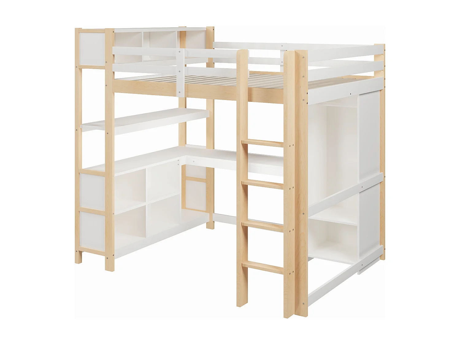 Lit mezzanine enfant - 140 x 200 cm - avec étagères de rangement + bureau + penderie - bois - naturel