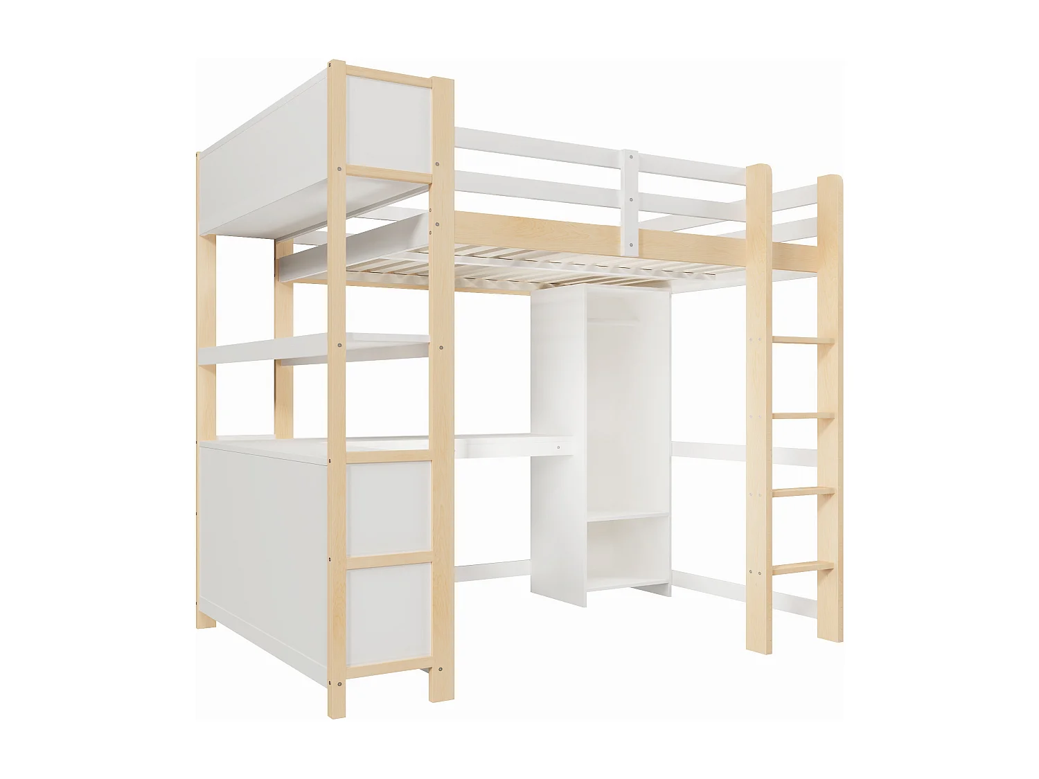 Lit mezzanine enfant - 140 x 200 cm - avec étagères de rangement + bureau + penderie - bois - naturel