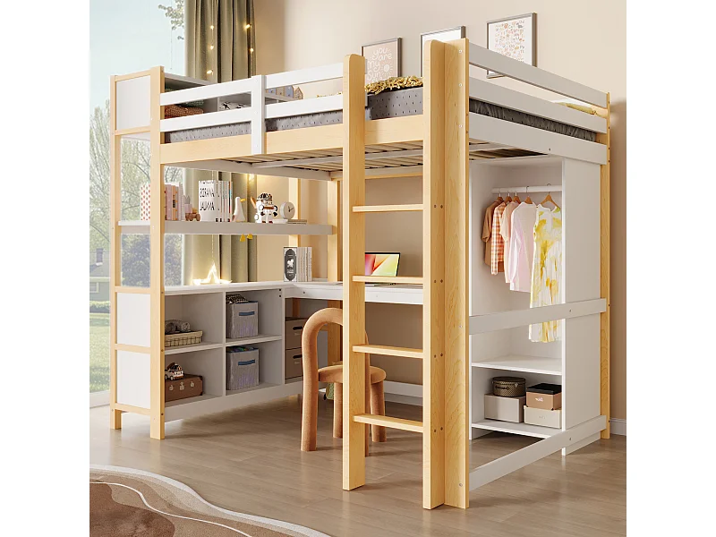 Lit mezzanine enfant - 140 x 200 cm - avec étagères de rangement + bureau + penderie - bois - naturel
