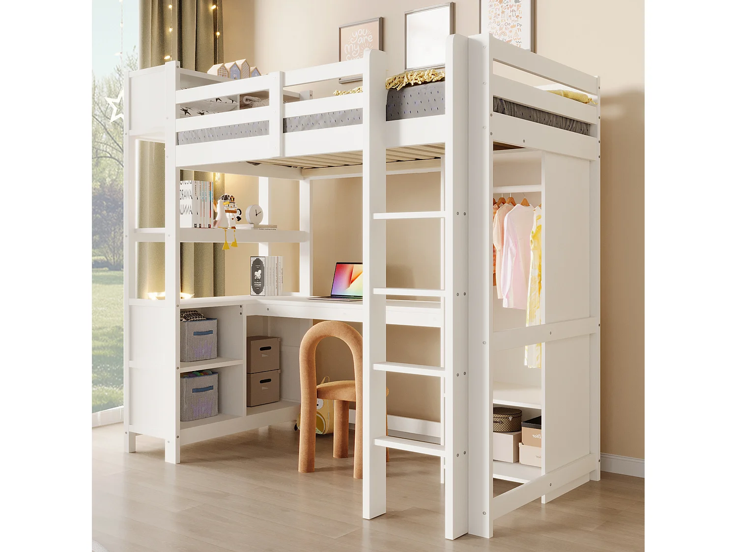 Lit mezzanine pour enfant - 90 x 200 cm - avec étagères de rangement + bureau + armoire - bois - blanc