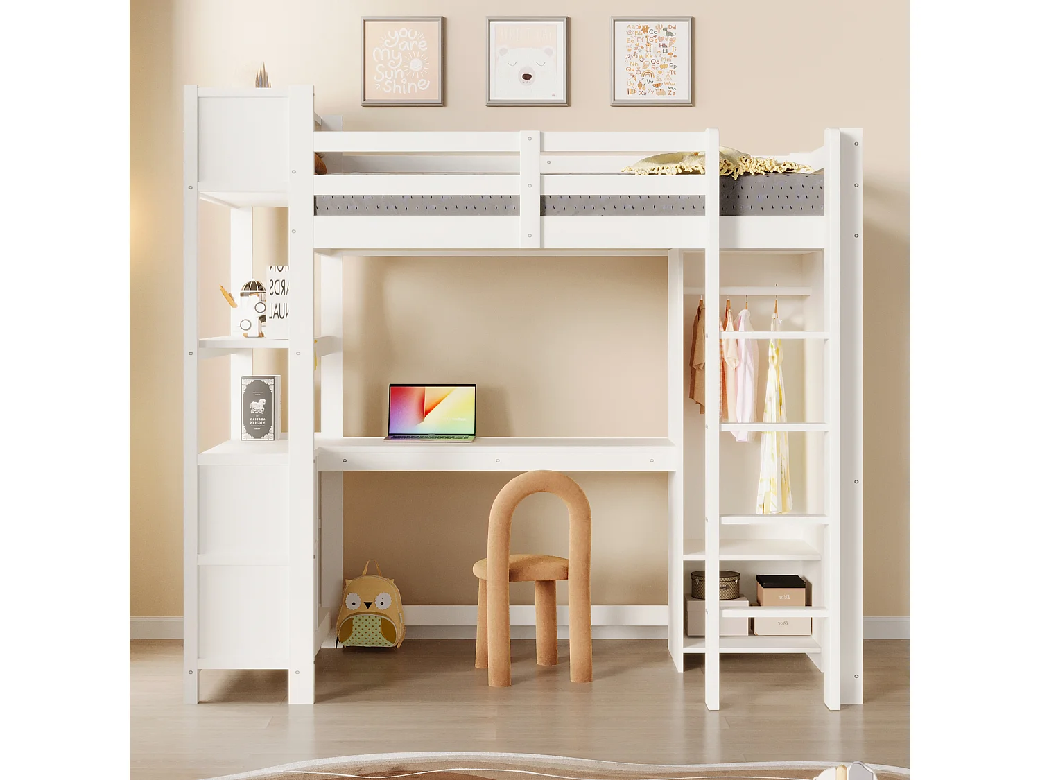 Lit mezzanine pour enfant - 90 x 200 cm - avec étagères de rangement + bureau + armoire - bois - blanc