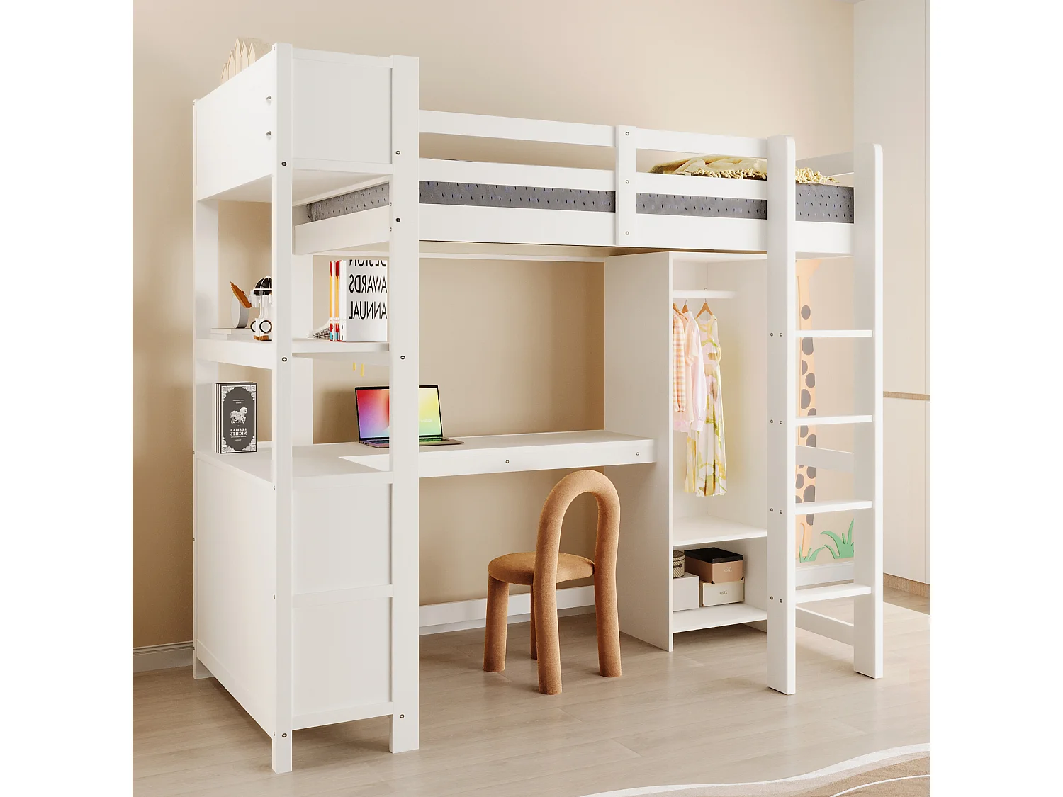 Lit mezzanine pour enfant - 90 x 200 cm - avec étagères de rangement + bureau + armoire - bois - blanc