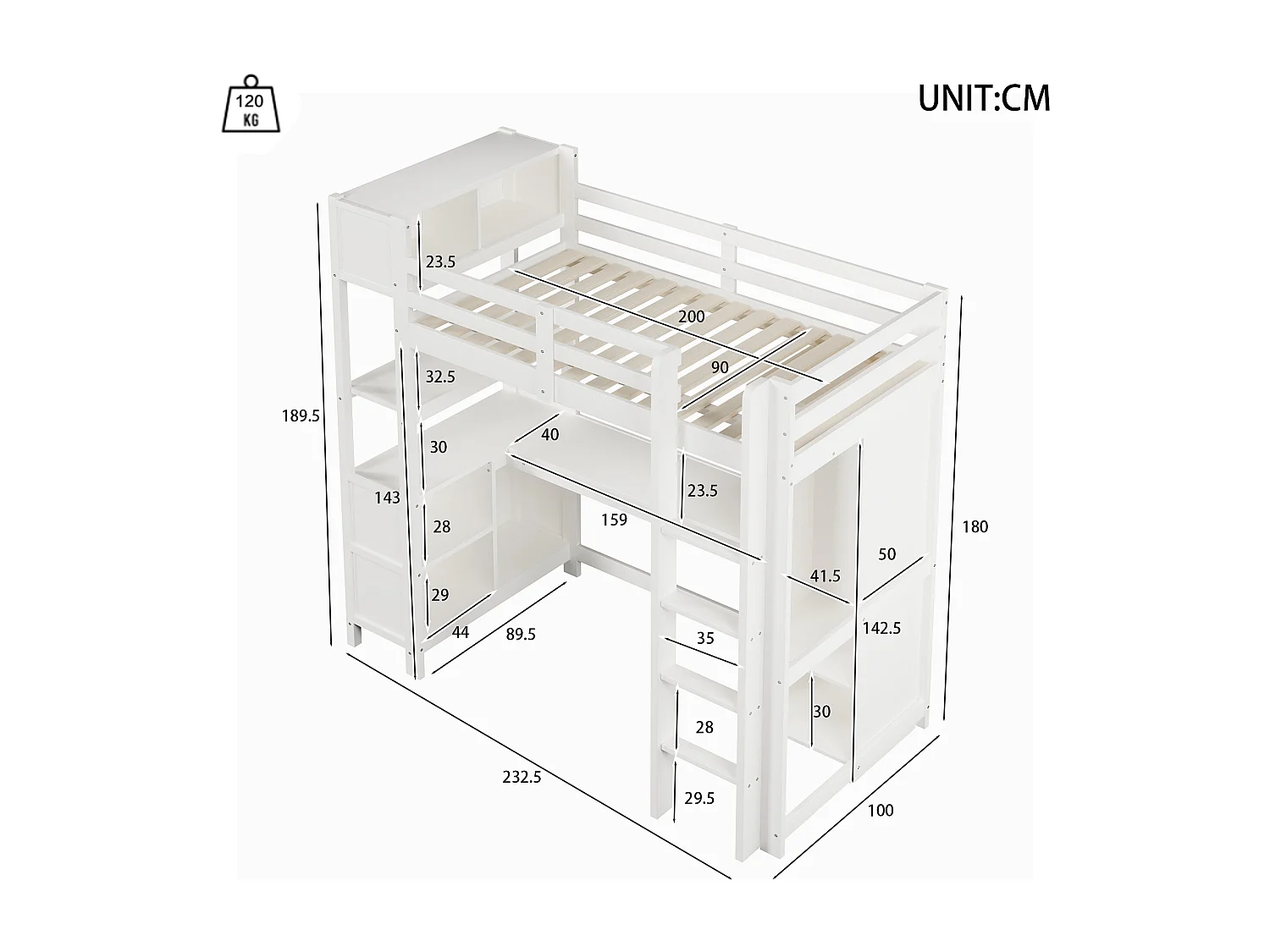 Lit mezzanine pour enfant - 90 x 200 cm - avec étagères de rangement + bureau + armoire - bois - blanc