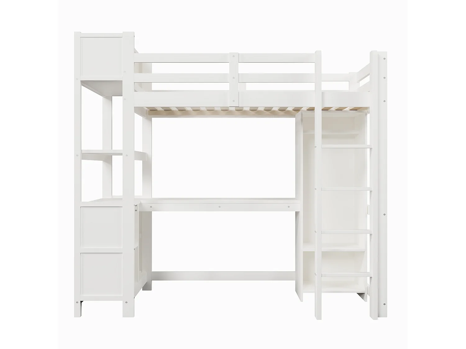 Lit mezzanine pour enfant - 90 x 200 cm - avec étagères de rangement + bureau + armoire - bois - blanc