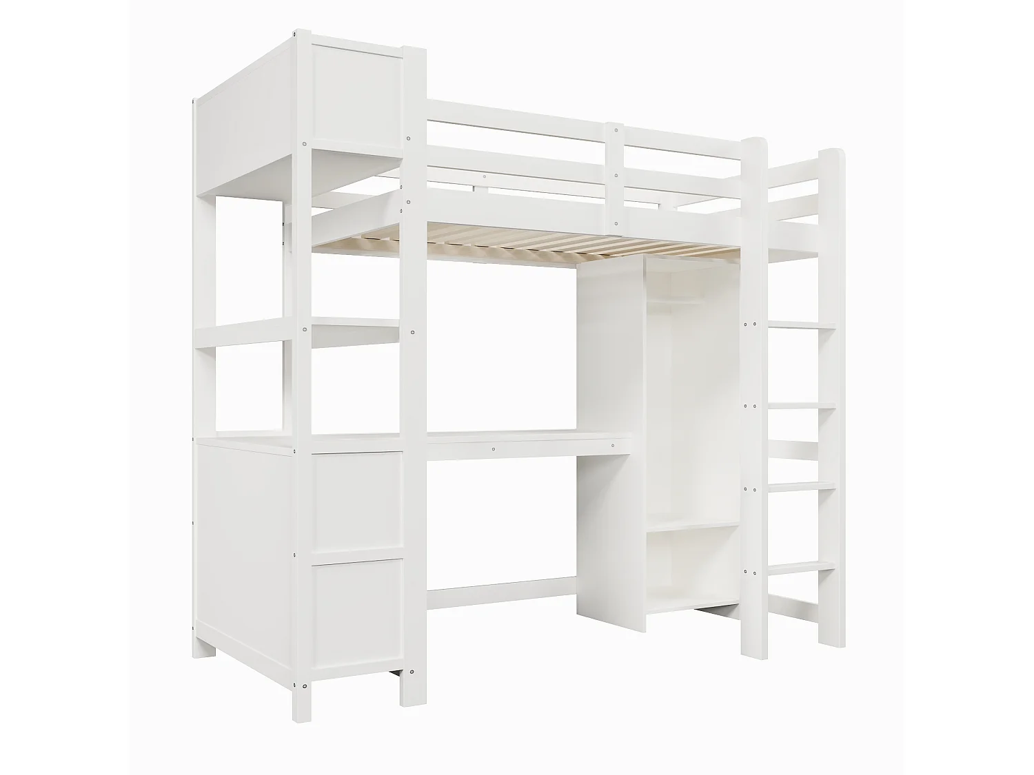 Lit mezzanine pour enfant - 90 x 200 cm - avec étagères de rangement + bureau + armoire - bois - blanc