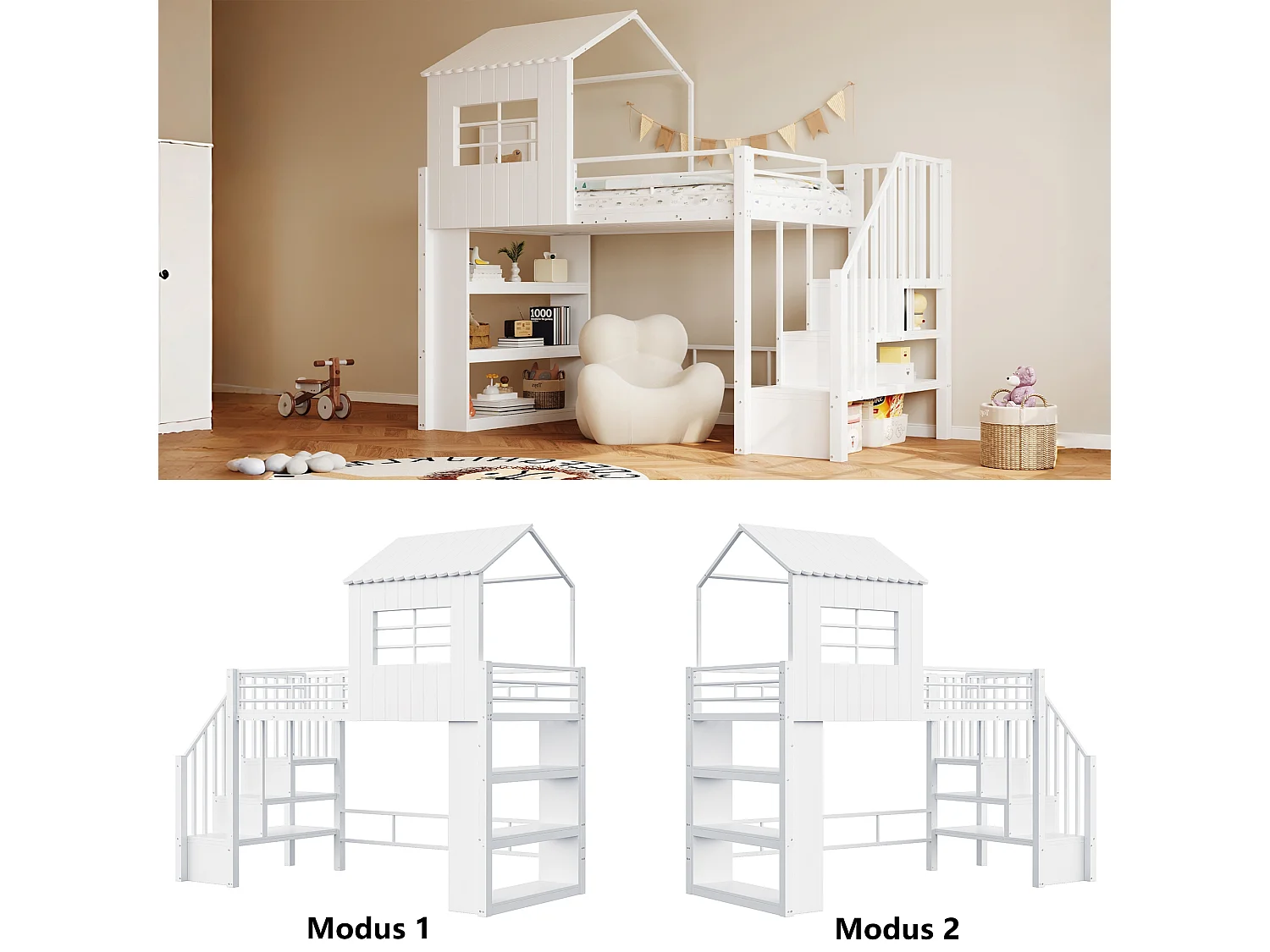 Lit mezzanine en métal pour enfant - 90 x 200 cm - style maison - avec étagère de rangement + escalier de rangement - MDF + métal - blanc