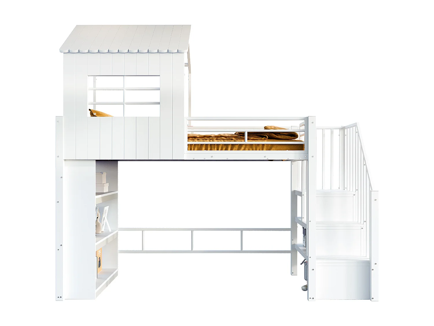 Lit mezzanine en métal pour enfant - 90 x 200 cm - style maison - avec étagère de rangement + escalier de rangement - MDF + métal - blanc