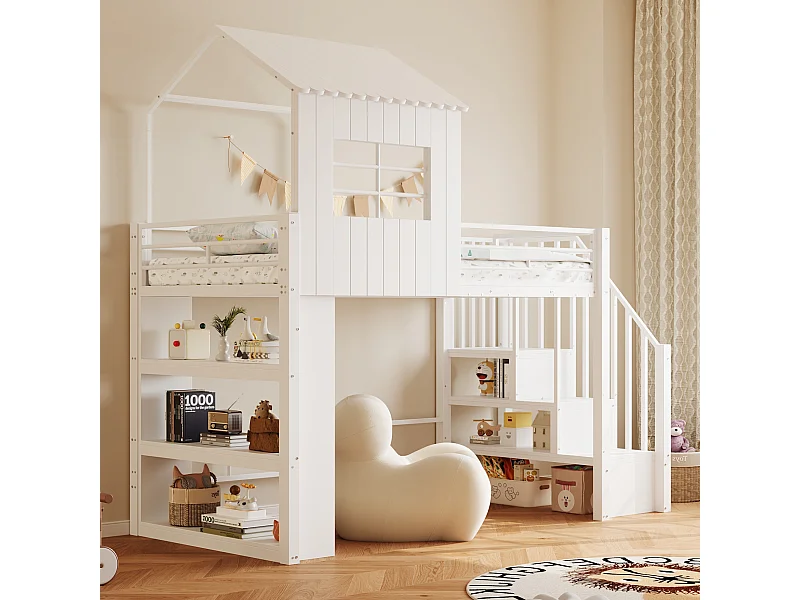 Lit mezzanine en métal pour enfant - 90 x 200 cm - style maison - avec étagère de rangement + escalier de rangement - MDF + métal - blanc