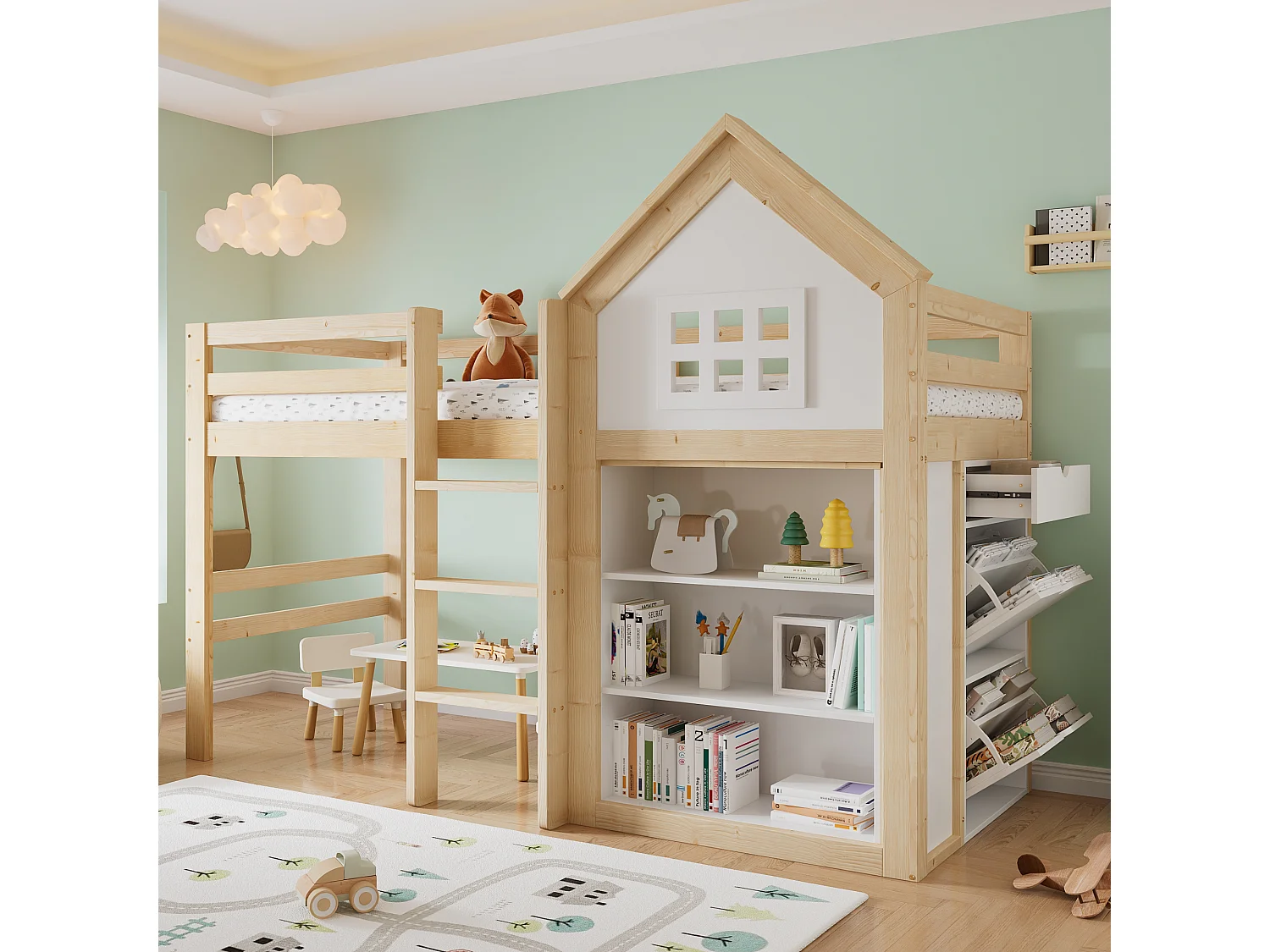 Lit mezzanine pour enfant - 90 x 200 cm - avec étagère de rangements + tiroirs + barrière - pin + MDF - blanc + naturel