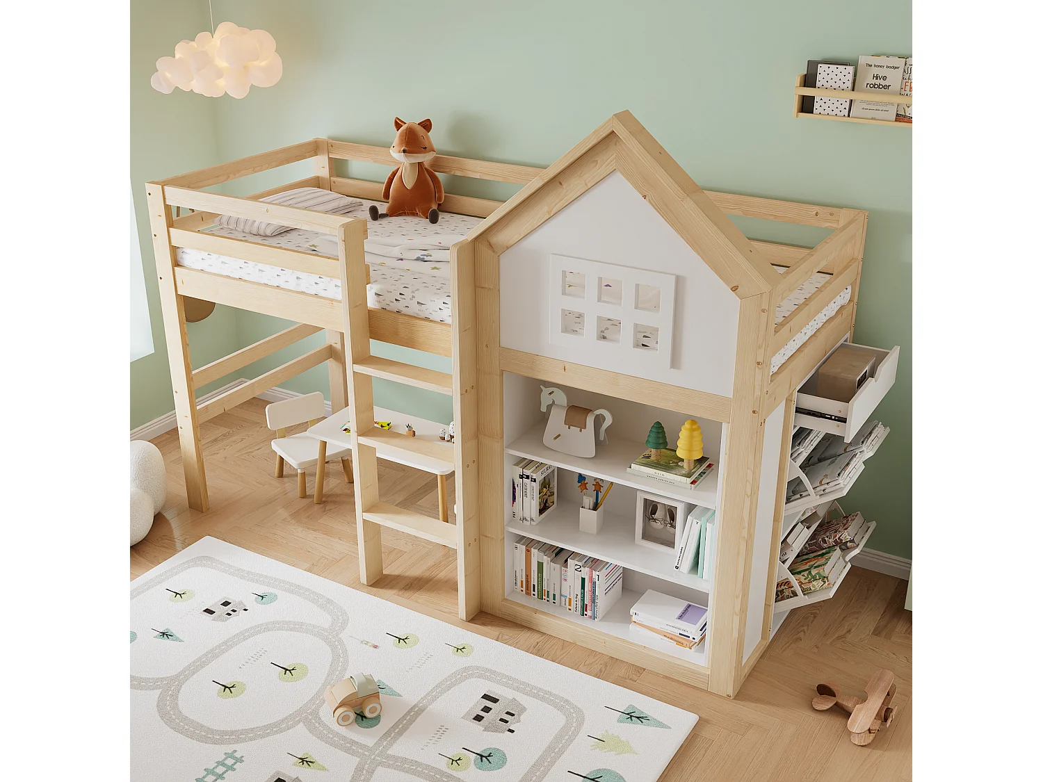 Lit mezzanine pour enfant - 90 x 200 cm - avec étagère de rangements + tiroirs + barrière - pin + MDF - blanc + naturel