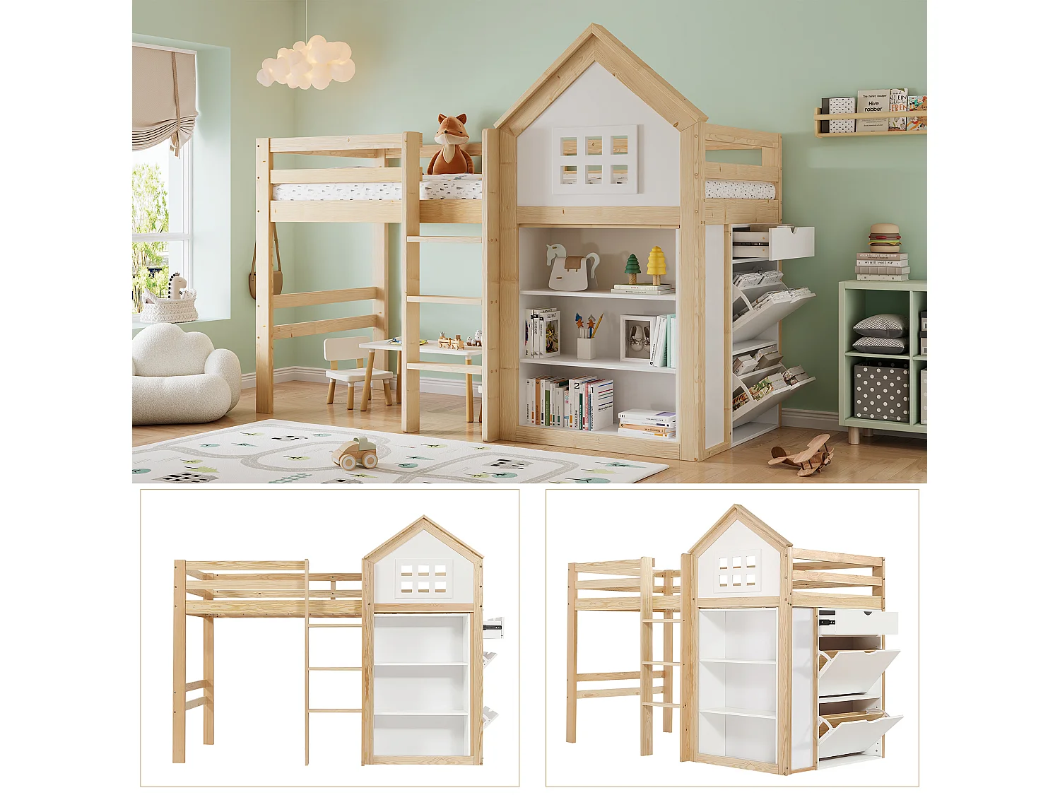 Lit mezzanine pour enfant - 90 x 200 cm - avec étagère de rangements + tiroirs + barrière - pin + MDF - blanc + naturel