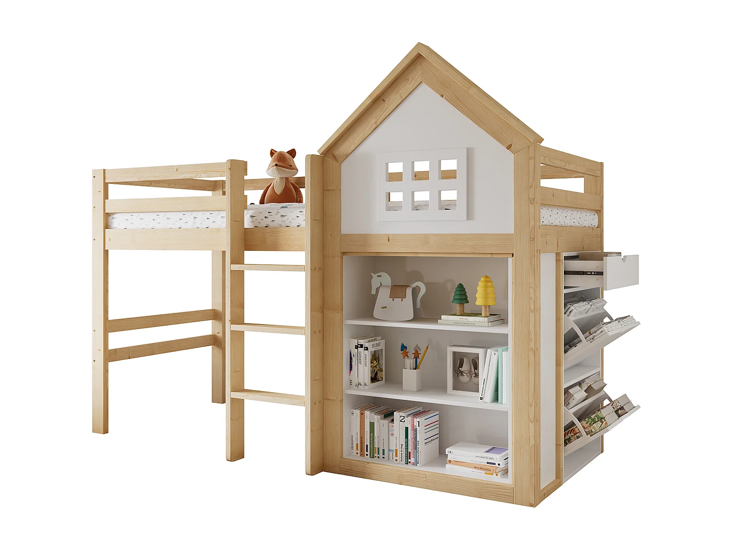 Lit mezzanine pour enfant - 90 x 200 cm - avec étagère de rangements + tiroirs + barrière - pin + MDF - blanc + naturel