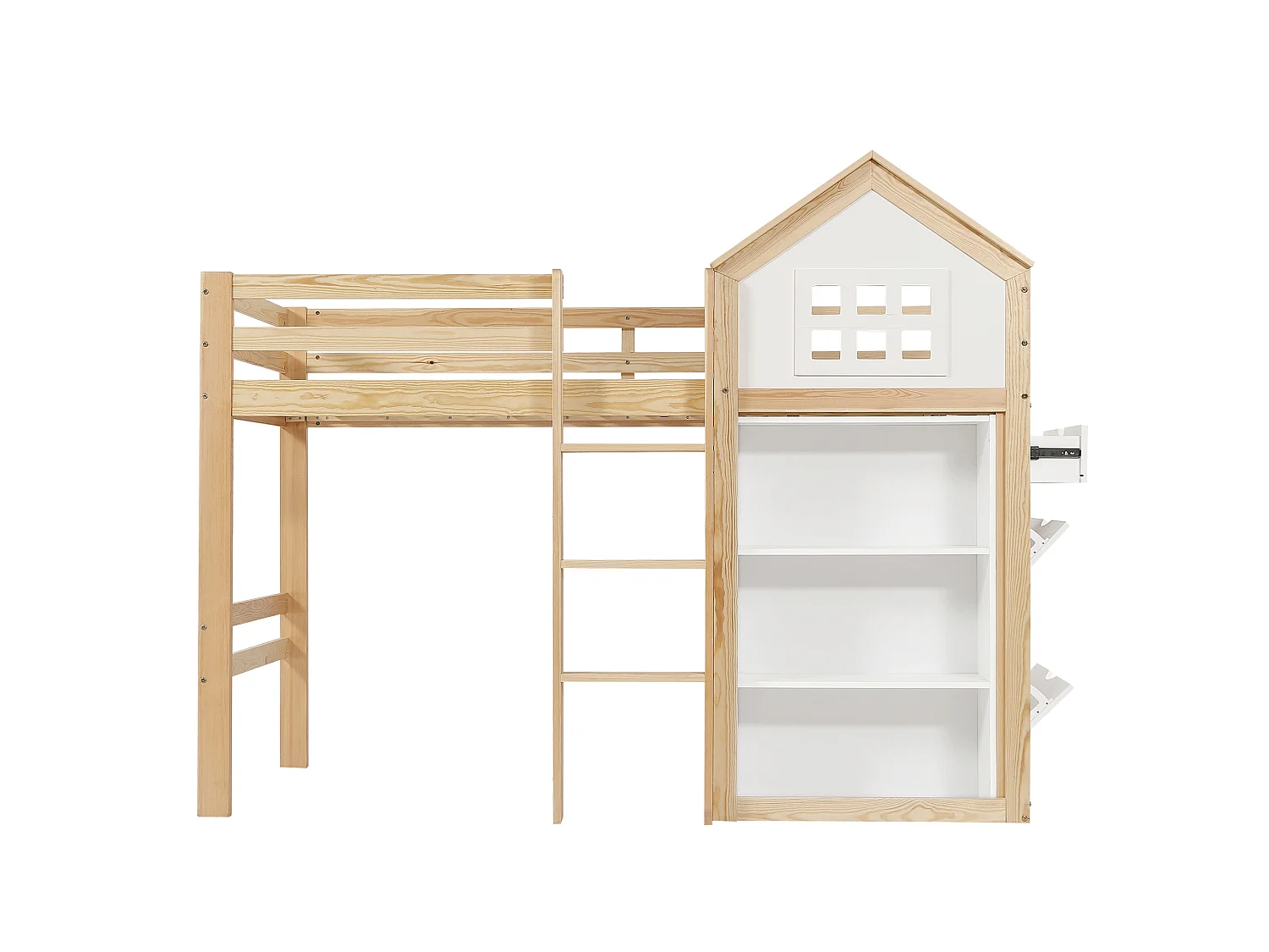Lit mezzanine pour enfant - 90 x 200 cm - avec étagère de rangements + tiroirs + barrière - pin + MDF - blanc + naturel