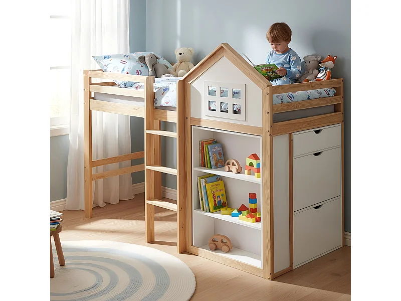 Lit mezzanine pour enfant - 90 x 200 cm - avec étagère de rangements + tiroirs + barrière - pin + MDF - blanc + naturel