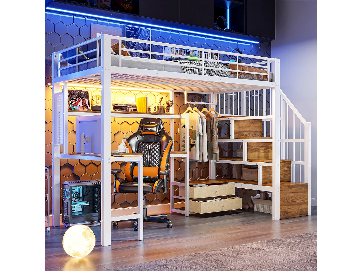Lit mezzanine en métal pour enfant - 90 x 200 cm - avec 2 tiroirs + penderie + Leds + bureau + escalier de rangement - blanc