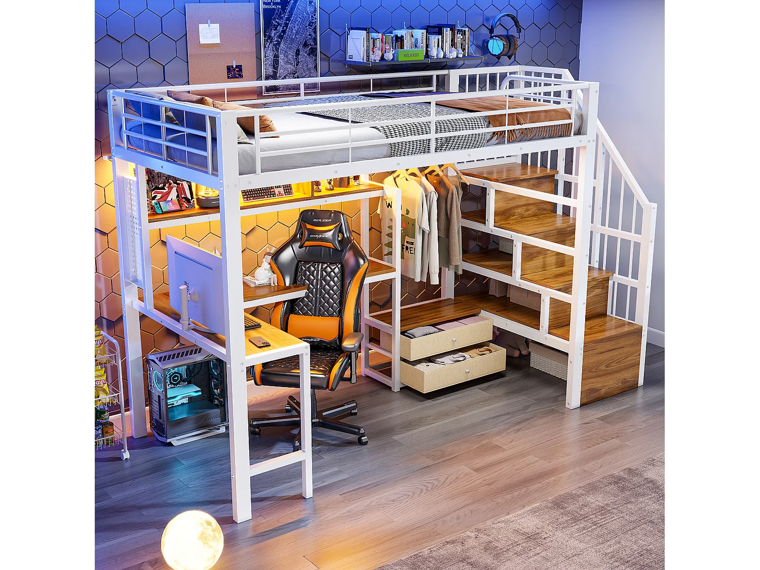 Lit mezzanine en métal pour enfant - 90 x 200 cm - avec 2 tiroirs + penderie + Leds + bureau + escalier de rangement - blanc
