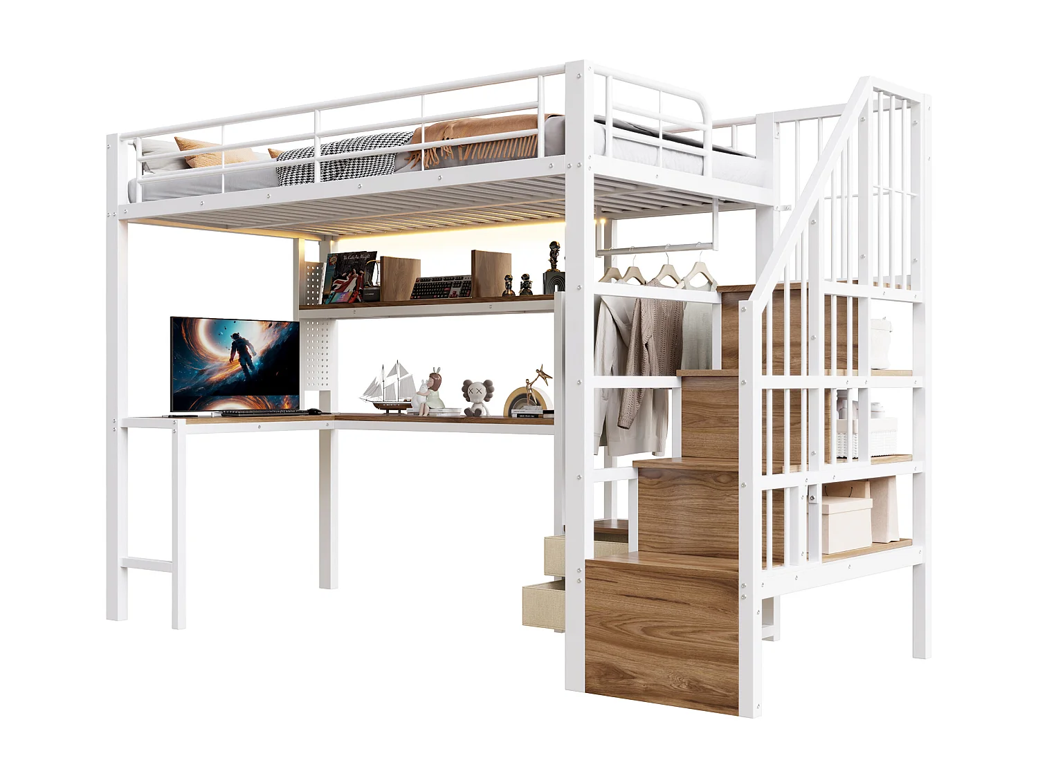 Lit mezzanine en métal pour enfant - 90 x 200 cm - avec 2 tiroirs + penderie + Leds + bureau + escalier de rangement - blanc