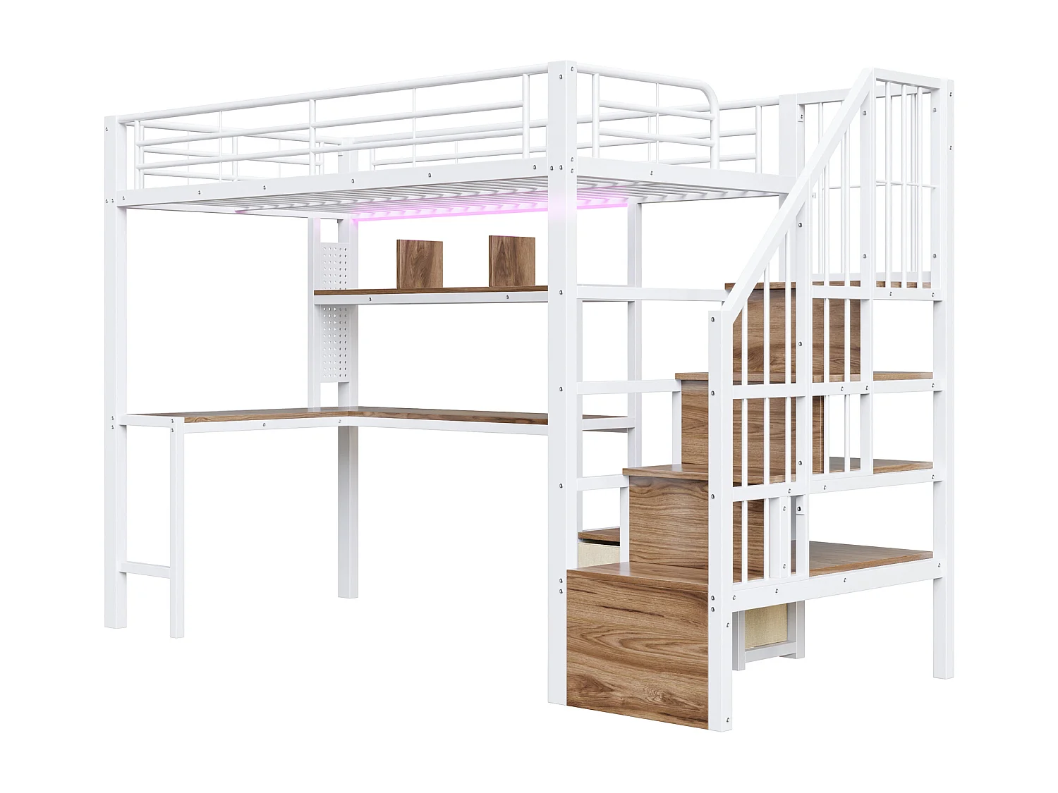 Lit mezzanine en métal pour enfant - 90 x 200 cm - avec 2 tiroirs + penderie + Leds + bureau + escalier de rangement - blanc