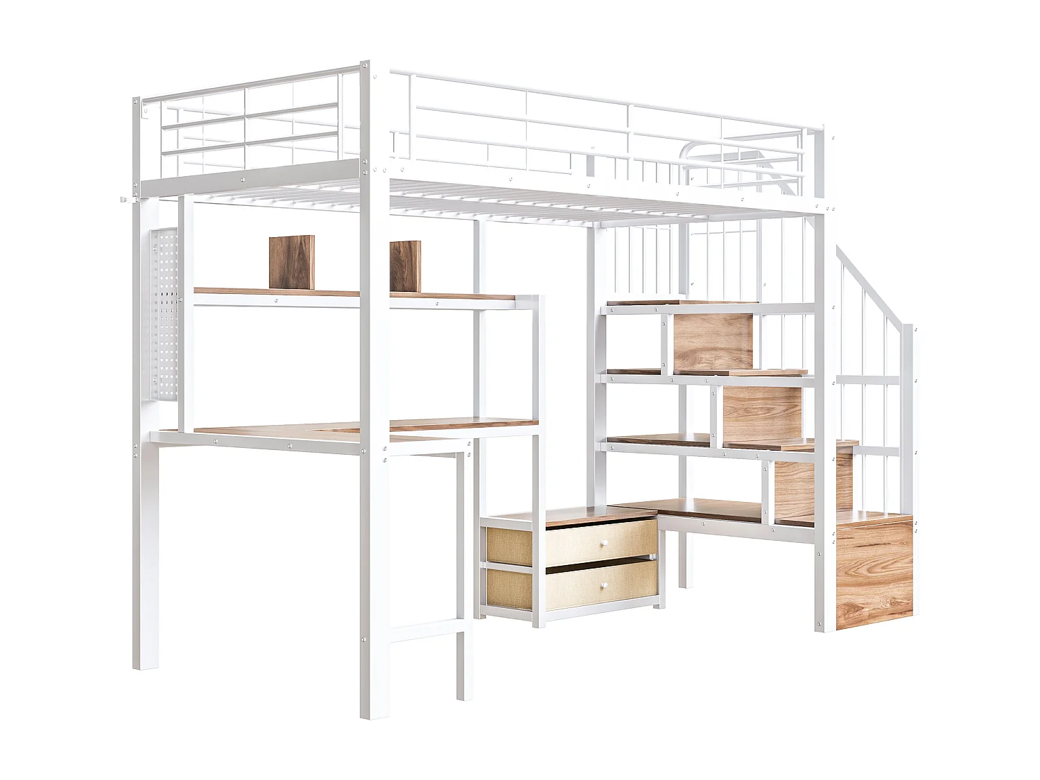 Lit mezzanine en métal pour enfant - 90 x 200 cm - avec 2 tiroirs + penderie + Leds + bureau + escalier de rangement - blanc