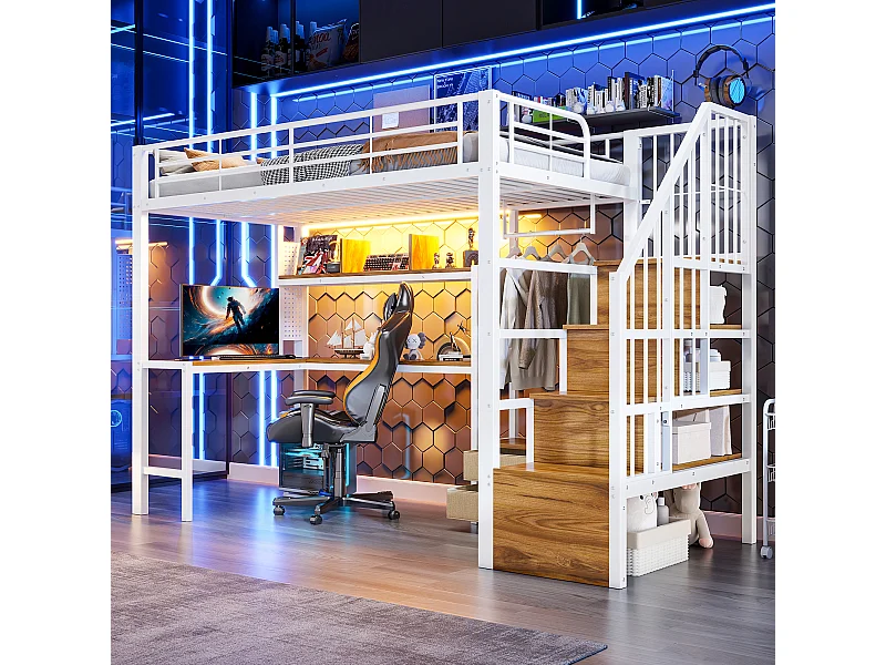 Lit mezzanine en métal pour enfant - 90 x 200 cm - avec 2 tiroirs + penderie + Leds + bureau + escalier de rangement - blanc