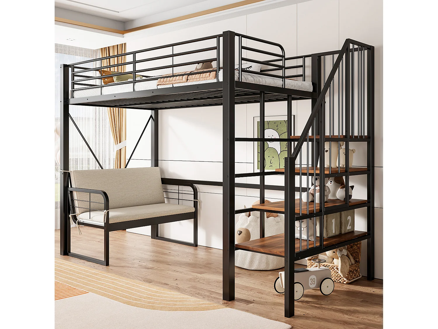 Hochbett für Kinder – 90 x 200 cm – mit abnehmbarem Sofa und Leiter mit Stauraum – Metallrahmen – schwarz