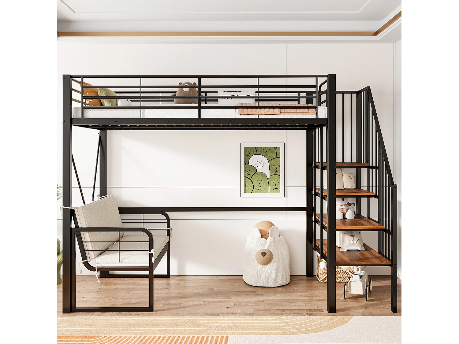 Hochbett für Kinder – 90 x 200 cm – mit abnehmbarem Sofa und Leiter mit Stauraum – Metallrahmen – schwarz