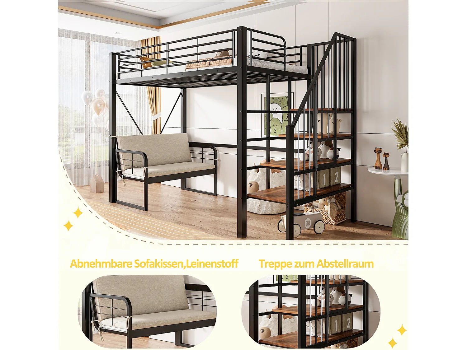 Hochbett für Kinder – 90 x 200 cm – mit abnehmbarem Sofa und Leiter mit Stauraum – Metallrahmen – schwarz