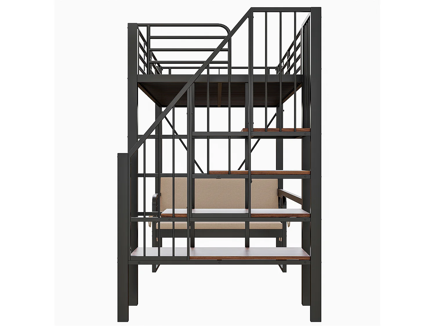 Hochbett für Kinder – 90 x 200 cm – mit abnehmbarem Sofa und Leiter mit Stauraum – Metallrahmen – schwarz