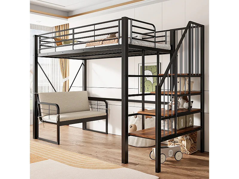 Lit mezzanine pour enfant - 90 x 200 cm - avec canapé amovible + eacalier de rangement - structure métallique - noir
